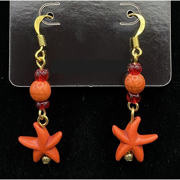 Jewelry - Handmade Orange Starfish with Red Glass & Orange Bead Earrings by Neanie-Bot
